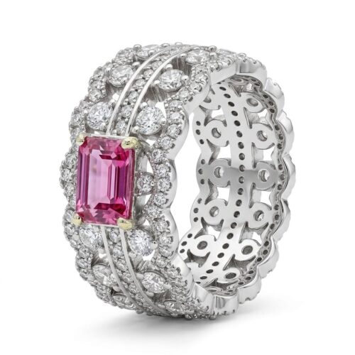 Silver motif ring with pink cubic stone