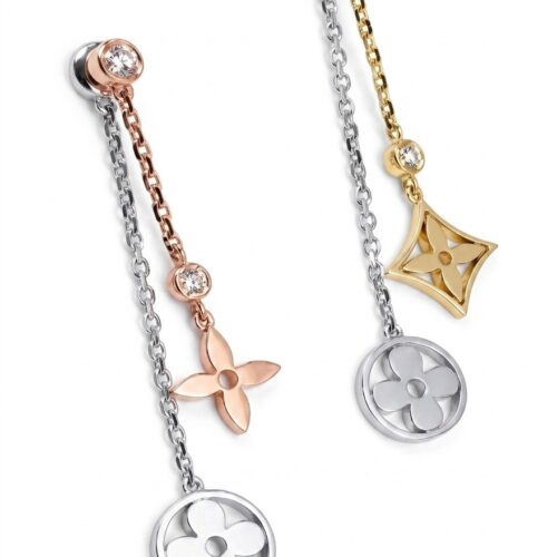 Two tone floral motif ear drop dangling chain earings